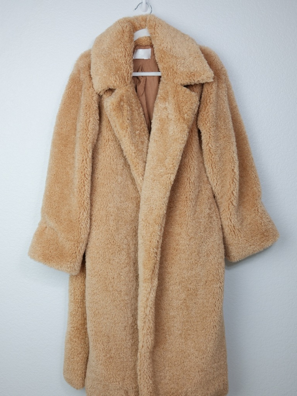 7 For All Mankind Faux Shearling Teddy Wrap Coat Camel Belted Oversized Womens S